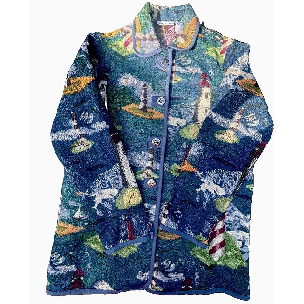 Blair Vintage Tapestry Jacket Lighthouse Nautical Coastal Button Womens Small